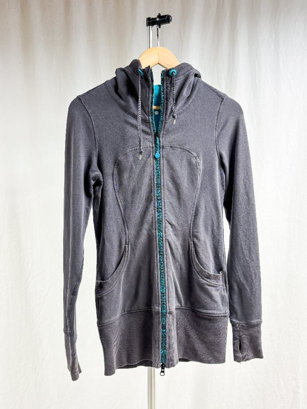 Lululemon Athletica Jacket Live Simply Hoodie Grey Turquoise Zipper